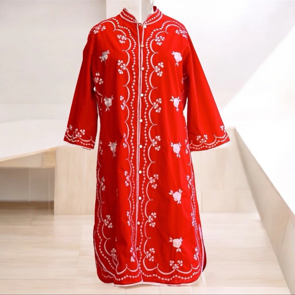 Vintage Caro of Honolulu Red Embroidered Maxi Dress 3/4 Sleeve Size 12